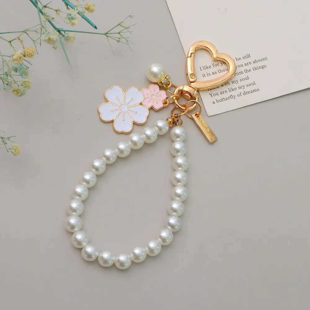 Lovely Cherry Blossoms Keychain Pearl Chain Letter Pendant Women Car Key Ring Headphone Case Charms Bag Decor AccessoriesT251127
