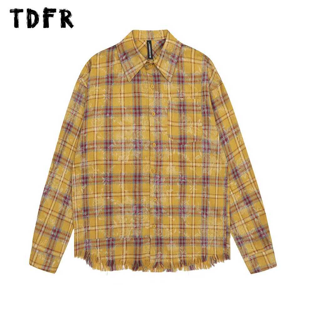 Raw Edge Plaid Long Sleeve Shirts Mens Print Autumn Retro Streetwear Pocket Lapel Single Breasted Shirts Men TopsW251127