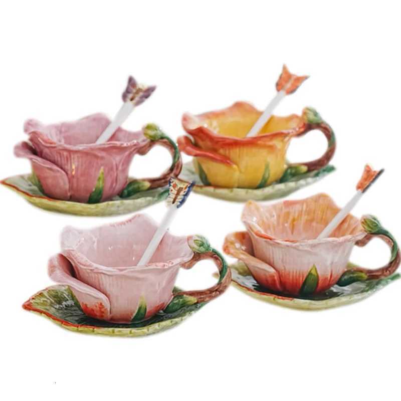 Creative Rose-shaped Ceramic Coffee Mug and Saucer Afternoon Tea Cup Floral Tea Cup Exquisite Flower-shaped Breakfast Milk Mug C251127