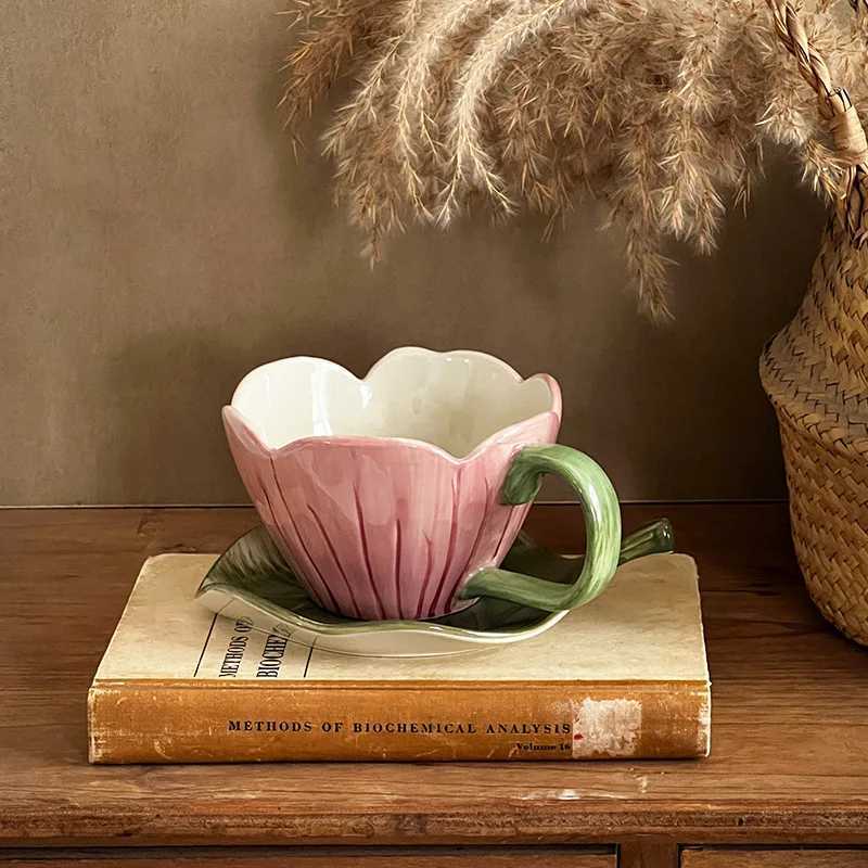 Three-dimensional Tulip Flower Cup Simulated Leaf-shaped Ceramic Coffee Mug Cup and Dish Set Afternoon Tea Accessories C251127