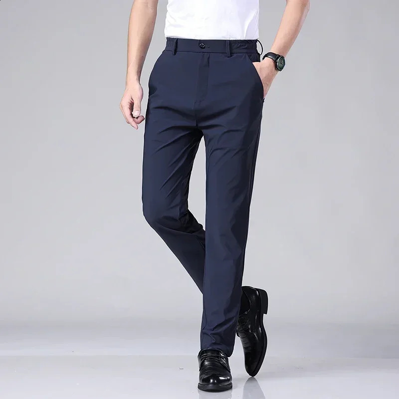 Summer Mens Ultra Thin Casual Pants with High Elasticity Quick Drying Ice Silk Soft Solid Color Business Straight Pants 250427