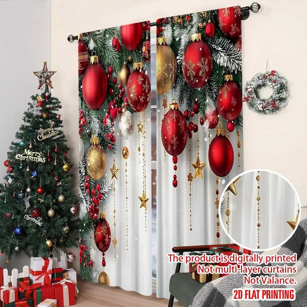 Curtain Christmas 2pcs 2D flat printing Fashionable Christmas Curtains Red and Gold Ball Pine Branch Snowflake Digital Printed Polyester Drapes Y25112