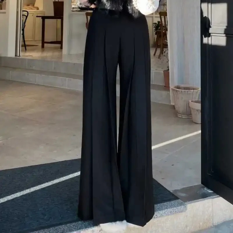 High waist wide leg loose casual pants drawstring simple style floor length straight cut suitable for women 250427