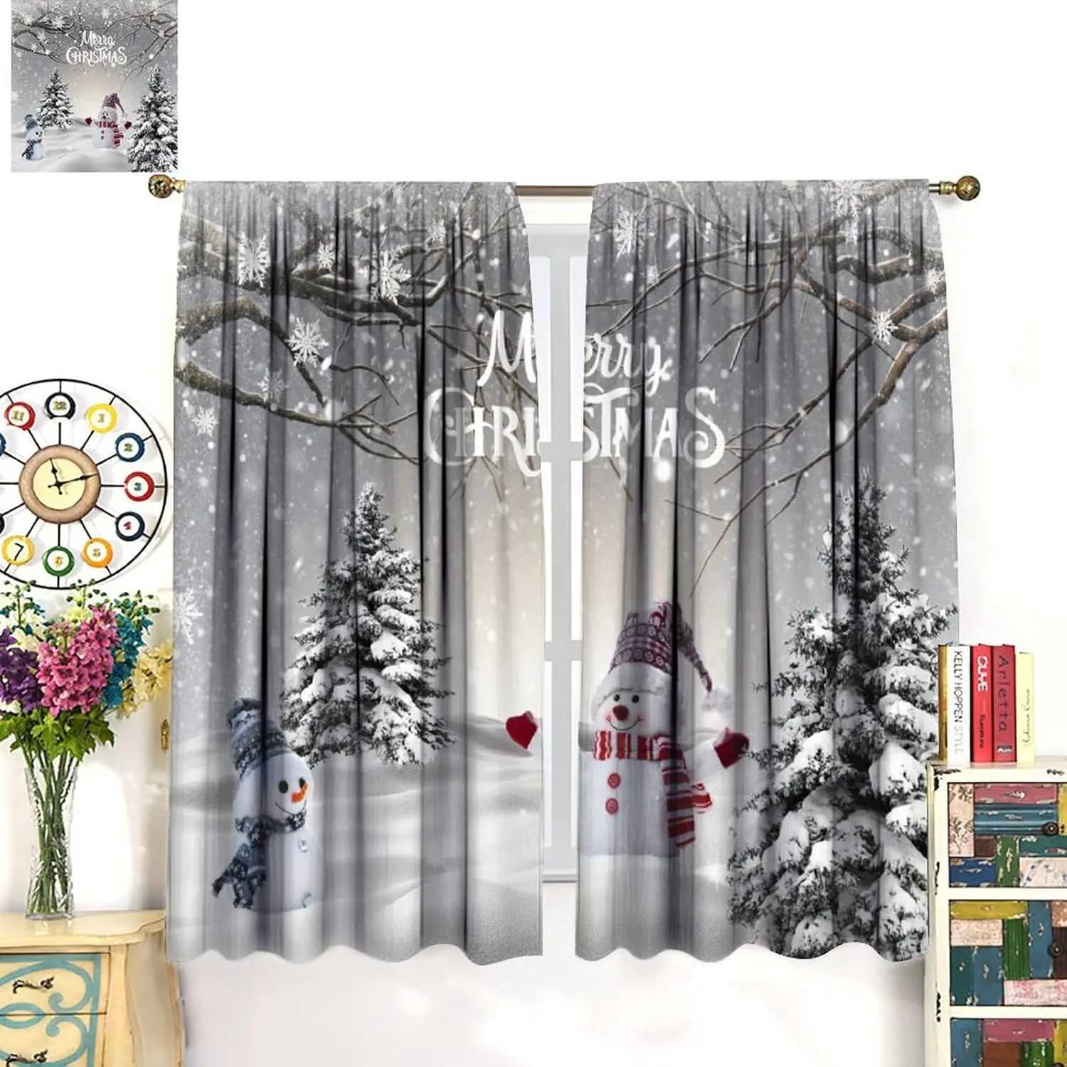 Curtain Christmas Merry Christmas Winter Snowman CurtainXmas Tree Snowman Snowflake Holiday Curtains for Bedroom Living Room Bathroom Red Snowman Y251