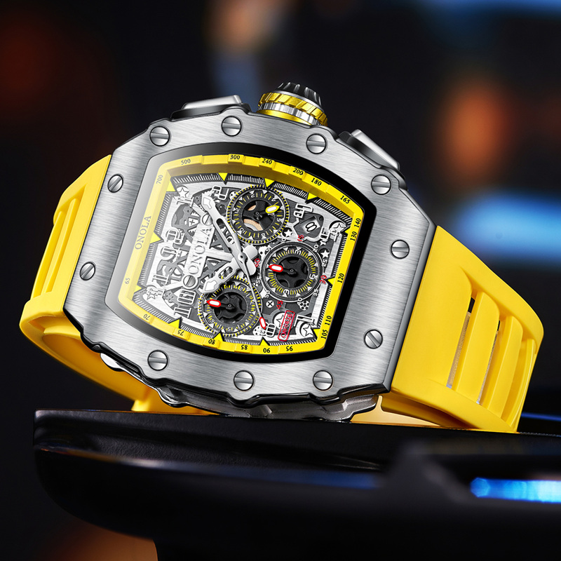 Luxury Tonneau Chronograph Sport Watch Rich Mike Style, Mechanical Automatic Movement, Rhinestone Bezel, Skeleton Dial, Waterproof Outdoor Timepiece w
