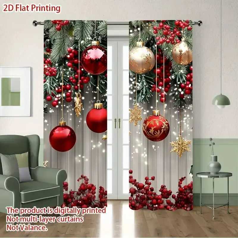 Curtain Christmas 2pcs - Christmas pine branches Christmas balloons print curtains pole bag curtains home decoration room decoration Y251126