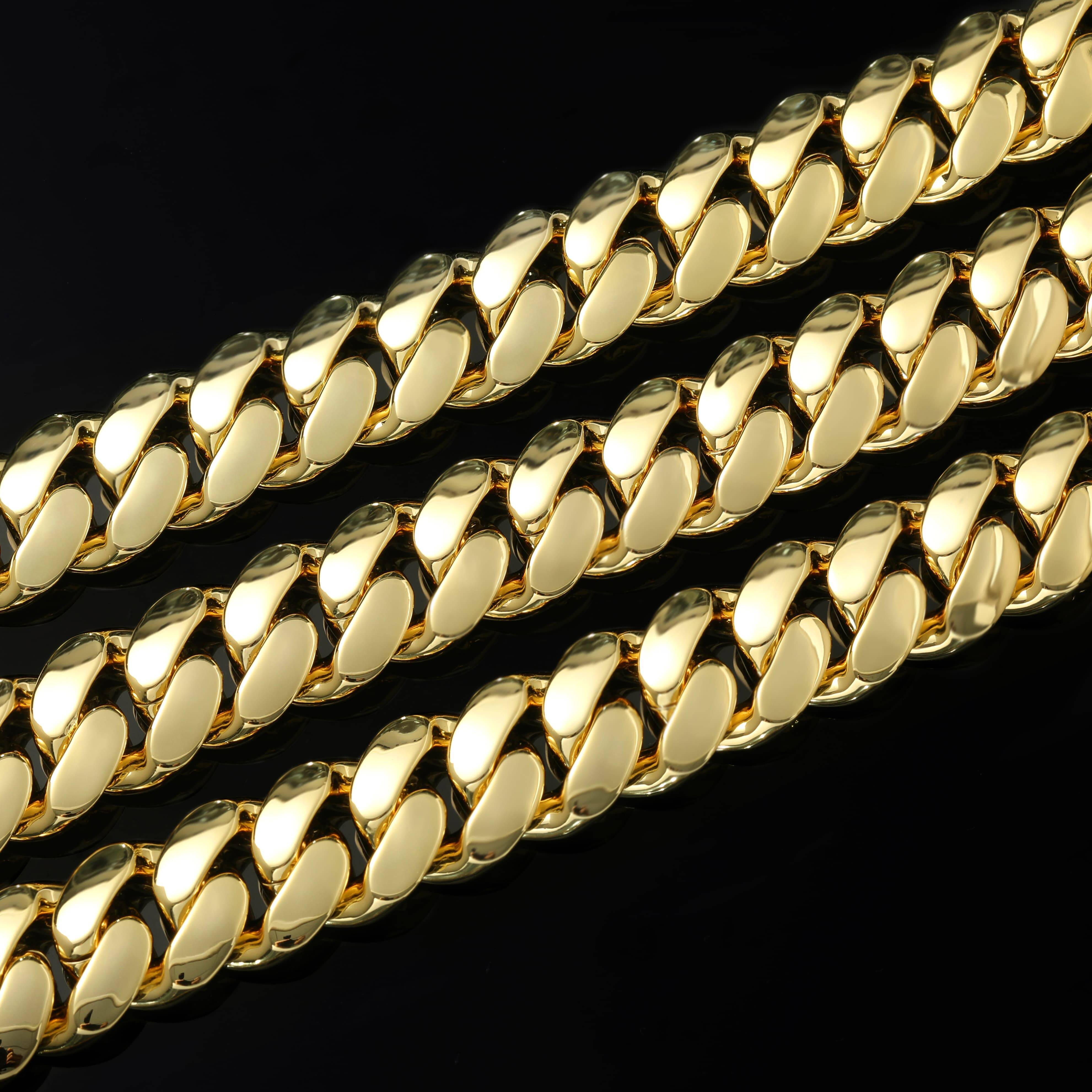 Luxury 14K/18K Gold Plated Thick Solid Cuban Link Chain Hip Hop Jewelry Iced Out Diamond Clasp Flat Miami Monaco Chain