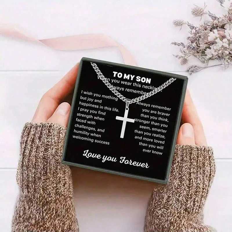 To My Son Stainless Steels Cross Pendant Cuban Chain Necklace With Inspirational Card Gifts L251127