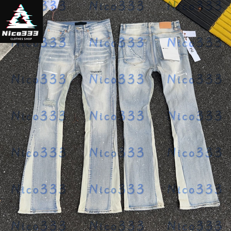 PU flared jeans splash ink broken holes splicing color collision design minimalist style loose versatile street straight men women casual microblend jeans