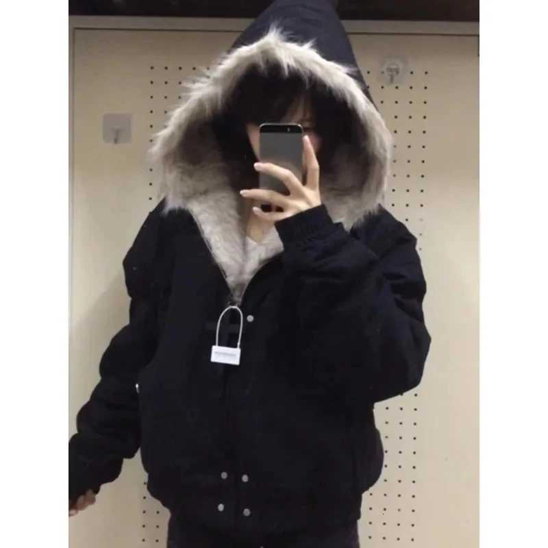 Gothic Harajuku Fashion Black Coat American Style Retro Hooded Jacket Casual Outerwear Y2k Fur Collar Parkas Woman ChicXJ251127