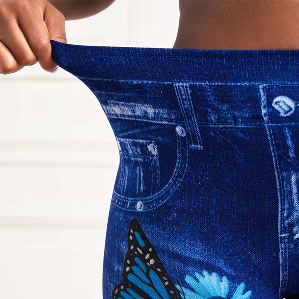 Plus size ultra-fine womens high waist elastic long leg denim appearance tight jeans womens fashionable printed pencil pants clothing250425