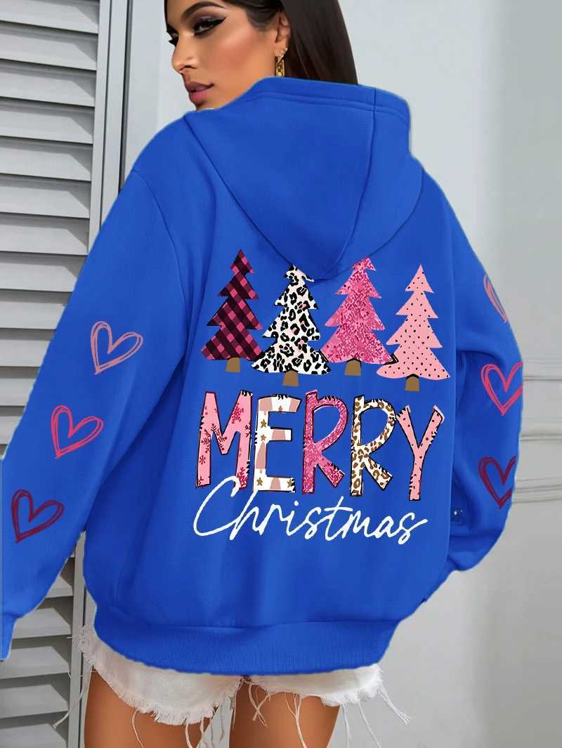 Merry Christmas Pink Tree Women Hoody All-Match Autumn Hoodies Casual Loose Pullover Harajuku PoCKet Streetwear J251136