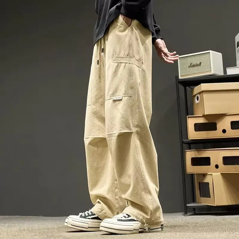 wide leg pocket cargo pants mens Trouser neutral loose casual cotton straight outdoor fashion pants large size 5xl 250427