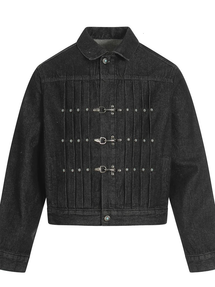 Mens Jacket Punk Vintage Streetwear Black Denim Short Coat Metal Buckle Studded Pleated Detail Retro Cool Hip Hop Fashion 251126