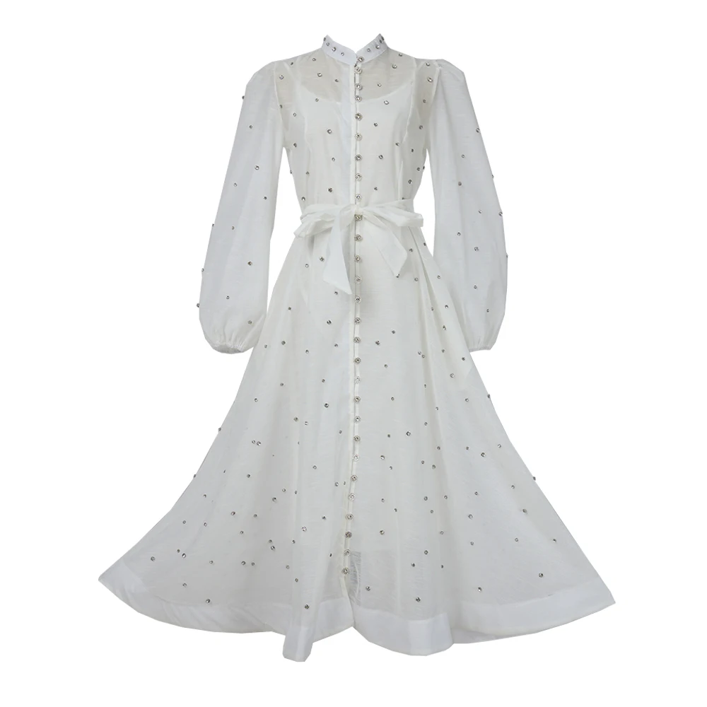 Crystal Long Dress Women Summer 2025 Spring See Through Cotton Linen Dresses Full Sleeve Evening Vestidos Party Robe