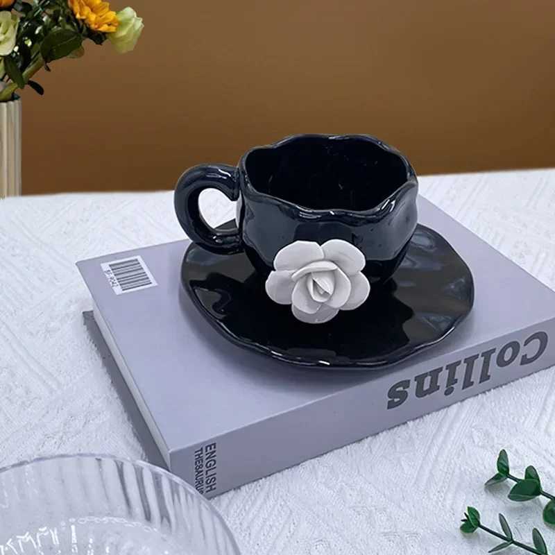 Petal Coffee Mug Creative Hand-pinched White Rose Cups and Saucers Home Afternoon Tea Ceramic Mug Three-dimensional Mug C2511274