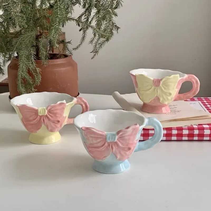 Bowknot Under Glazed Ceramic Coffee Mugs Beautiful Handmade Pocelain Tea Milk Cups Tableware Unique Hand Painted Pink Yellow C251127