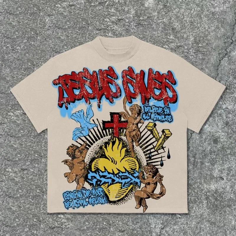 Graphic Tee Vintage Jesus Saves Angel Graphic Print Cotton T-Shirt Men Summer Short Sleeves Casual Oversize Tshirt Streetwear Women