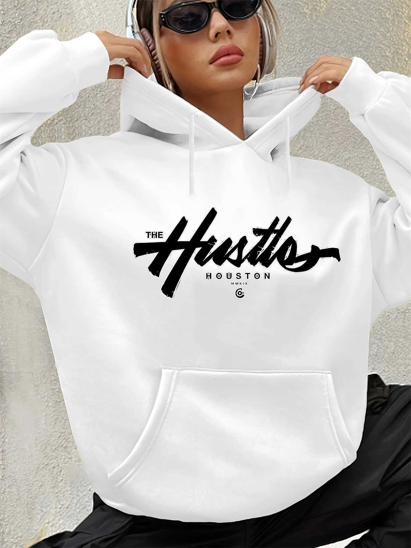 Womens autumn and winter casual loose warm Houston letter pattern printed suede long sleeved hooded sweatshirt J251136