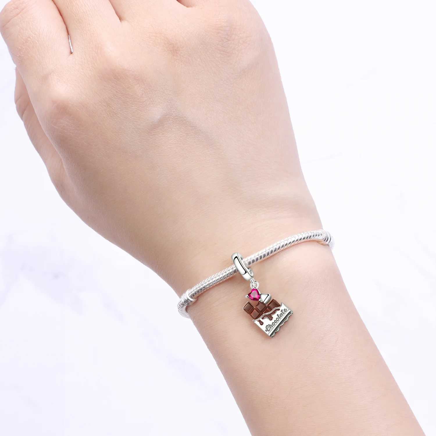 S925 Sterling Silver Heart Zircon Chocolate Coffee Pendant Charms Beads Fit Womans Bracelets Necklace DIY Party Gifts JewelryT251127