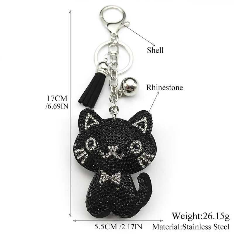Black Cute Kitty Bowknot Keychain For Women Men Rhinestone Tassel Female Bag Decoration Cat Animal Keyring Jewelry GiftsT251127