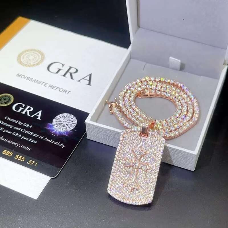Hip Hop 925 Silver Iced GRA VVS Moissanite Cross Shield Dog Plate Pass Diamond Tester Bling Pendant Charm for Men Jewelry Chain