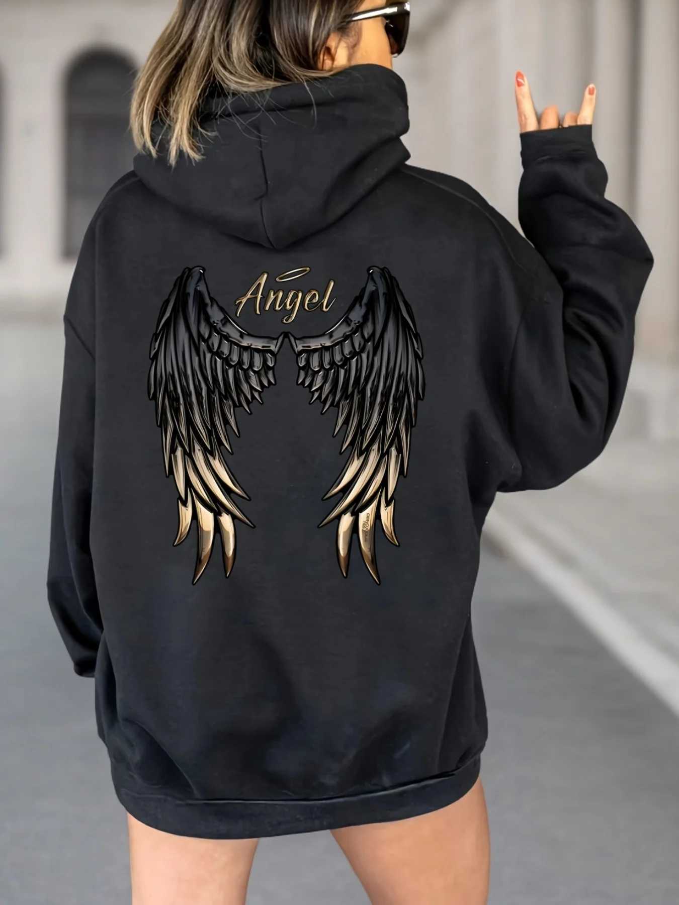 Womens Casual Hoodie with Angel Wings Graphic Drawstring Detail Kangaroo Pocket Perfect for Fall Winter Playful Design Trendy J251136