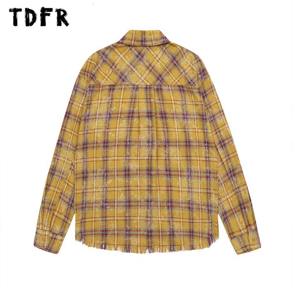 Raw Edge Plaid Long Sleeve Shirts Mens Print Autumn Retro Streetwear Pocket Lapel Single Breasted Shirts Men TopsW251127