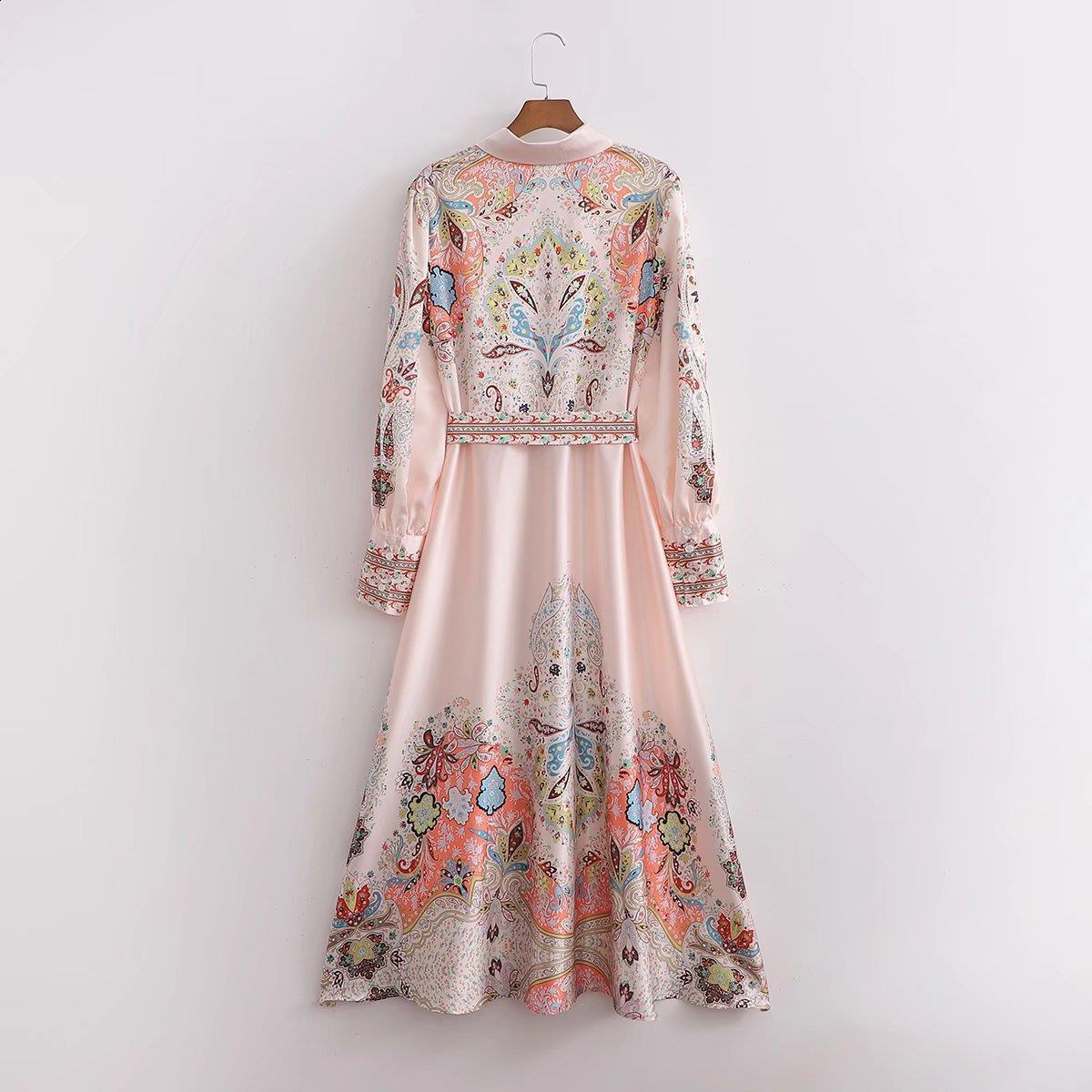 Womens autumn temperament lapel waist cinching slimming single breasted printed A-line dress elegant long skirt