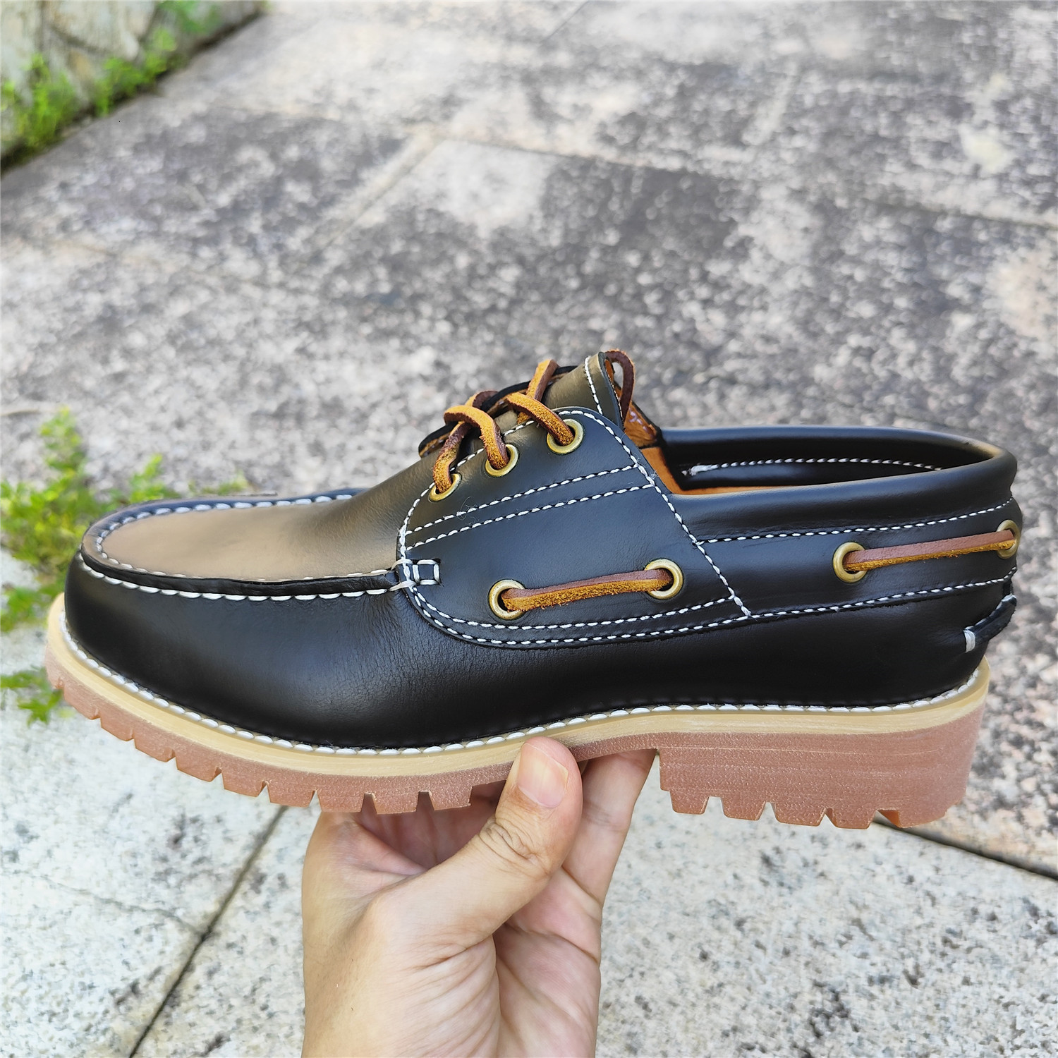 High quality slotted genuine leather boat shoes retro handmade sewn shoes mens casual shoes 240824