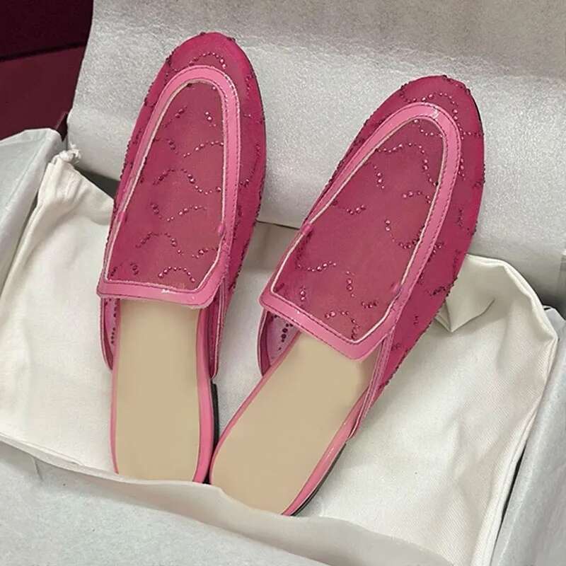 luxury slipper fashion sandal Mesh pink flat slippers slides clog mule slide womens multi crystals sandals rhinestone sliders designer shoe woman dinner shoes