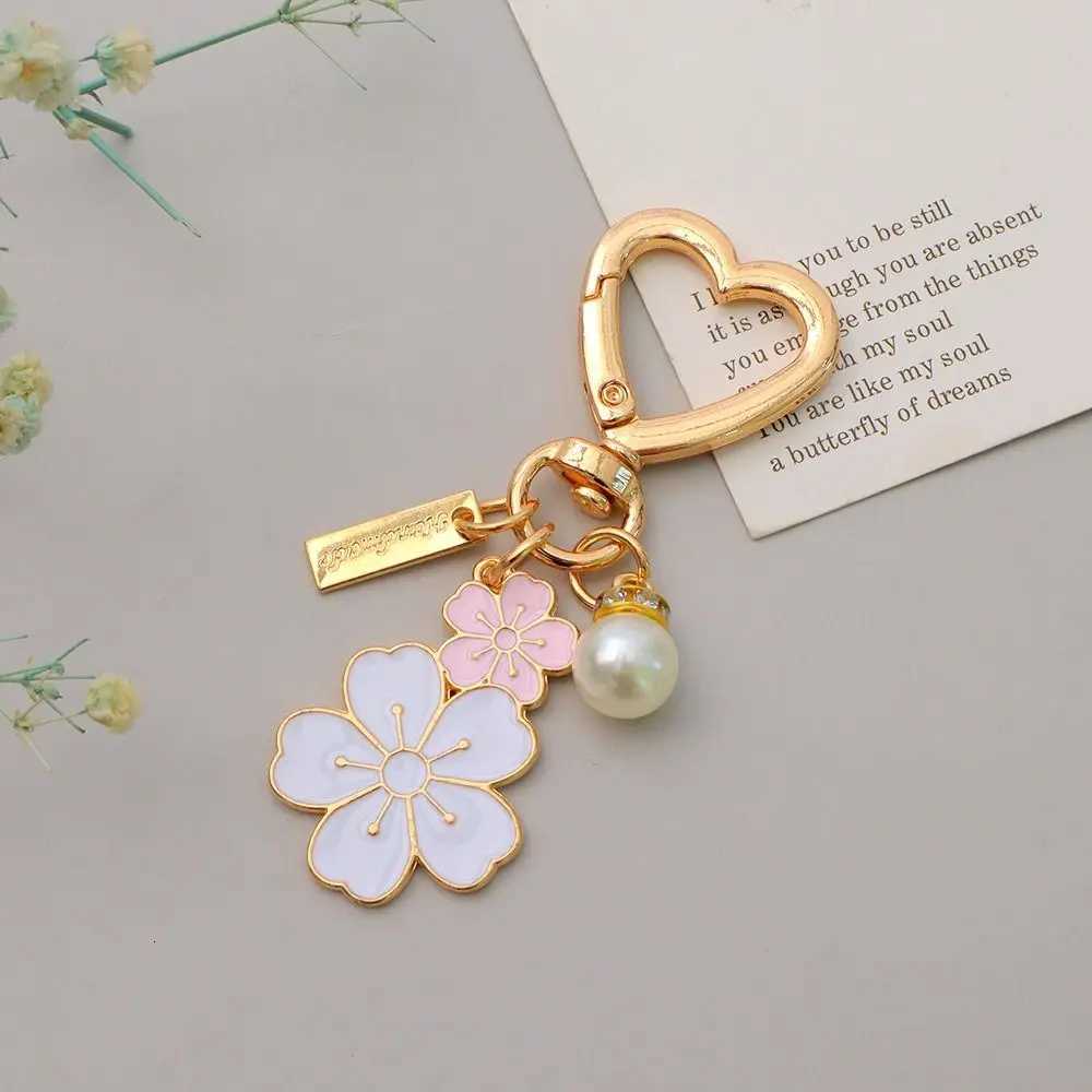 Lovely Cherry Blossoms Keychain Pearl Chain Letter Pendant Women Car Key Ring Headphone Case Charms Bag Decor AccessoriesT251127