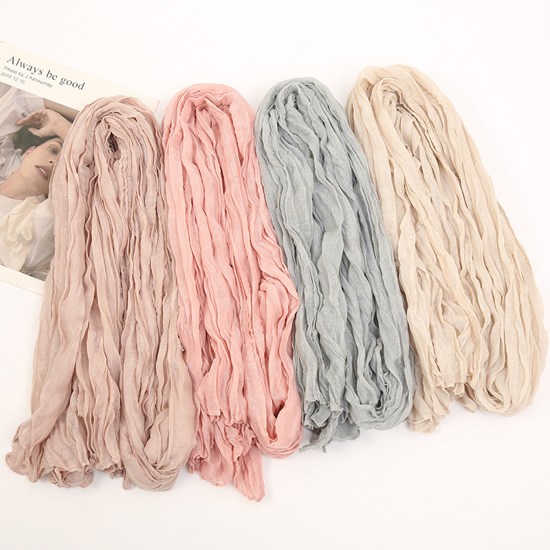 K536 2024 new European and American style foreign trade solid color wrinkle scarf simple and easy to match fashionable cotton and linen scarf gauze sc