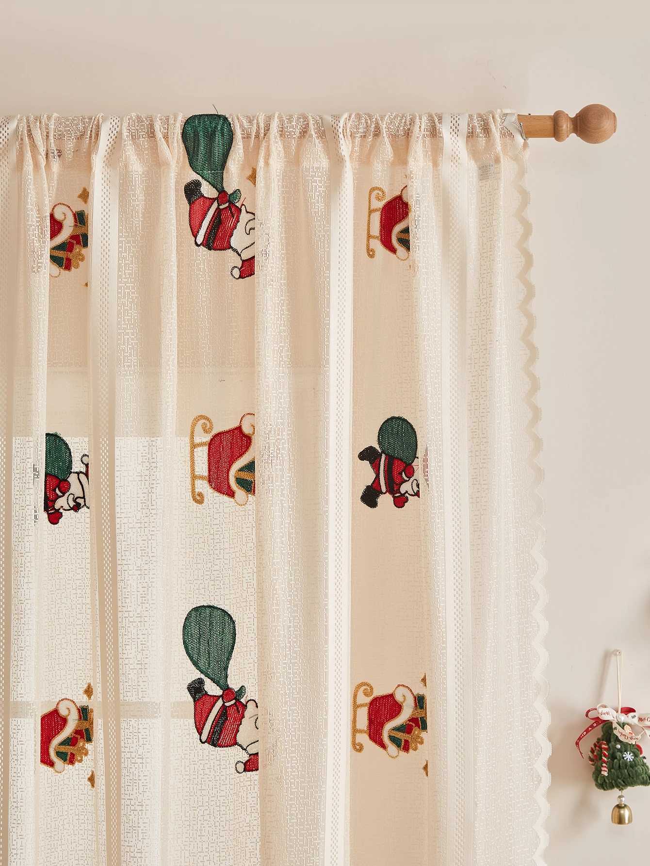 Curtain Christmas Khaki embroidered Santa Claus pole curtains party and holiday atmosphere curtains Y251126