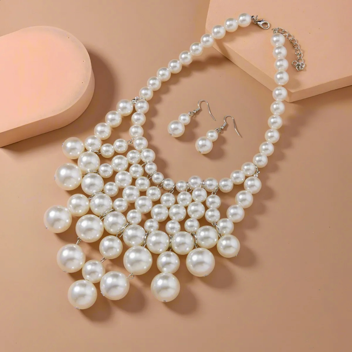 Bridal Jewelry Set Trendy Multi Layer Handmade Large Pearl Statement Necklace And Earrings Women Party Accessories 250425