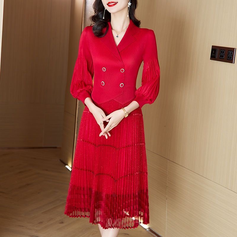 Large size women's pleated dress 2025 spring new mesh lace dress D02304