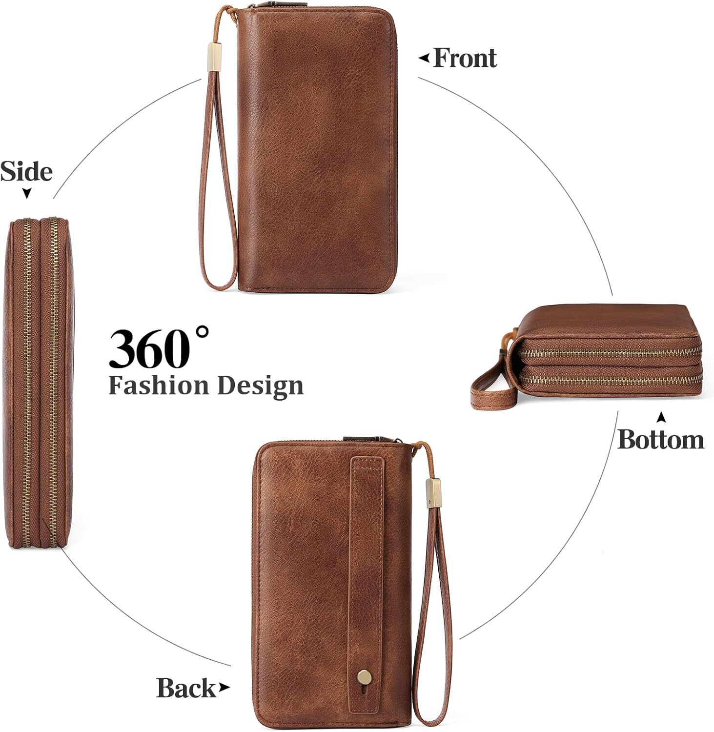 GAEKEAO Women's RFID Shielded Leather Wristband Wallet Large Capacity Credit Card Bag with Hand Strap, A01 Brown, Classic