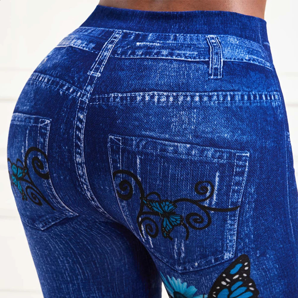 Plus size ultra-fine womens high waist elastic long leg denim appearance tight jeans womens fashionable printed pencil pants clothing250425