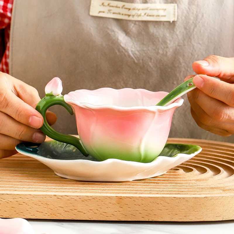 Ceramic Rose Coffee Cup Saucer Exquisite Butterfly Kettle Afternoon Camellia Flower Teacup Flower Decoration Milk Coffee Cup New C251127