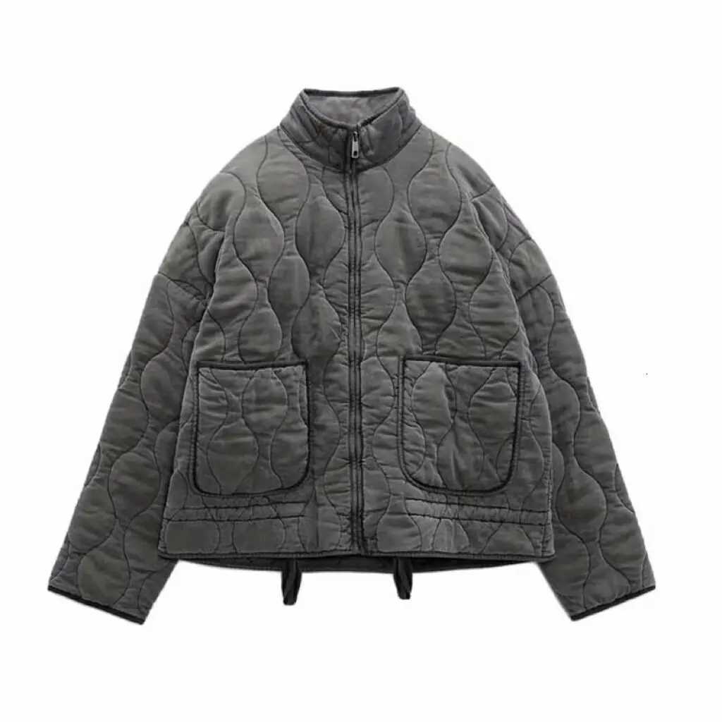 2025 New Womens Cotton Jacket Loose Vintage High Collar Zipper Large Pocket Decorative Quilted Cotton Coat For WomenXJ251127