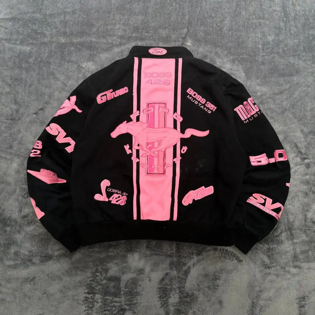 American Simple Pink Horse Pattern Car Jacket for Womens Autumn and Winter Fashion Street Harajuku Y2K Bomber Jacket 251121