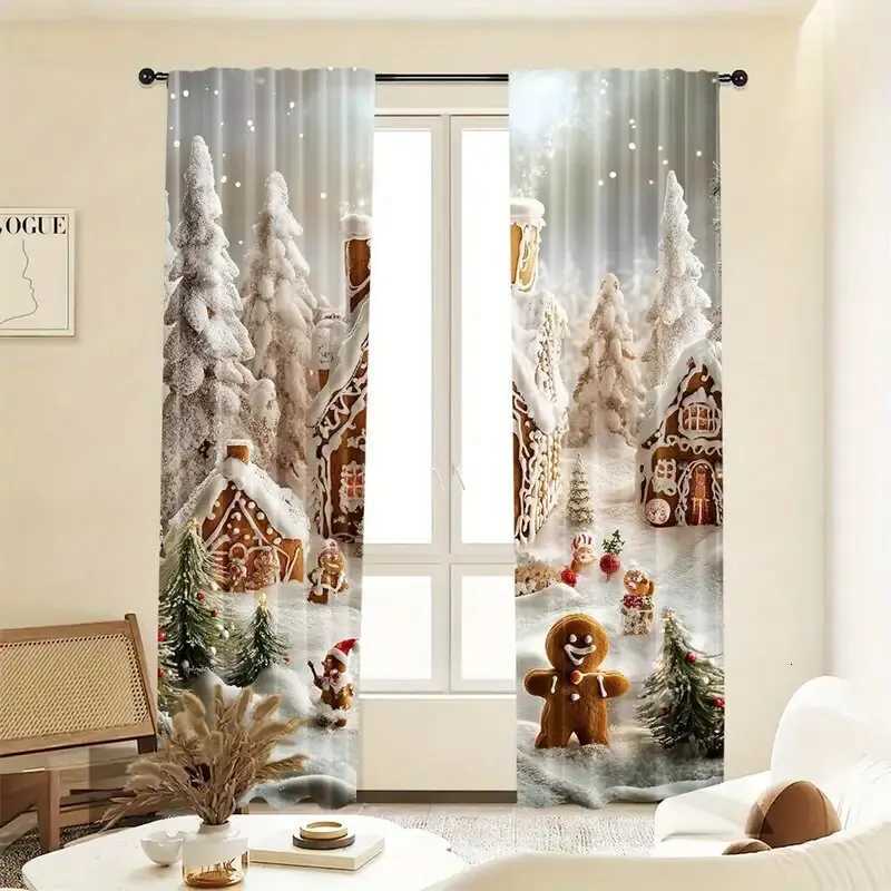Curtain Christmas 2 pieces - Christmas curtains holiday snow scene and gingerbread man printed curtains home decorations room decorations Y251126