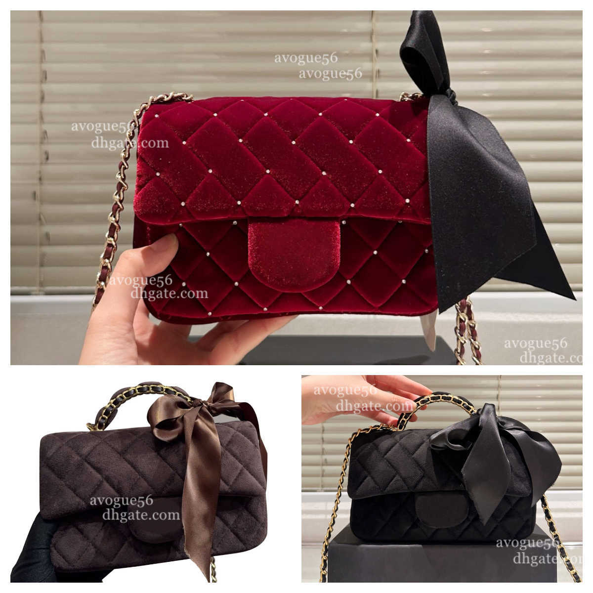 Hot New Arrival Designer Velvet Bag 25K Bow Bag Diamond Gold Ball Chain Bag Womens Shoulder Crossbody Bag Flip-Top Clutch Brown Wool Tweed Purse Winter Warmth Bag