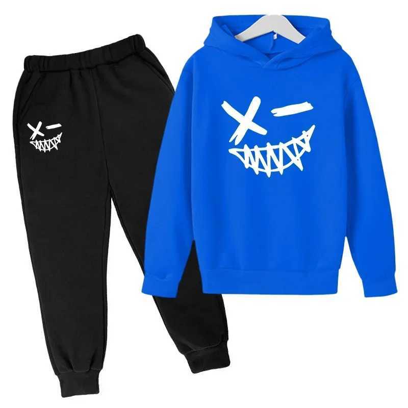 2025 Evil Smile Print Childrens Hooded Sweatshirt Pants 2-piece Set Boys Girls Autumn Winter Casual Outdoor Warm Sportswear Q251127