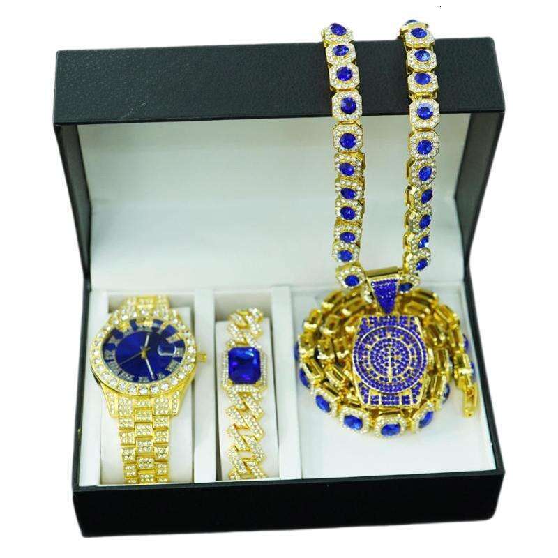 Hip Hop Fashion Creative Dia Pendant Square Sugar Blue Cuban Chain Necklace Men's Watch Set Gift Box