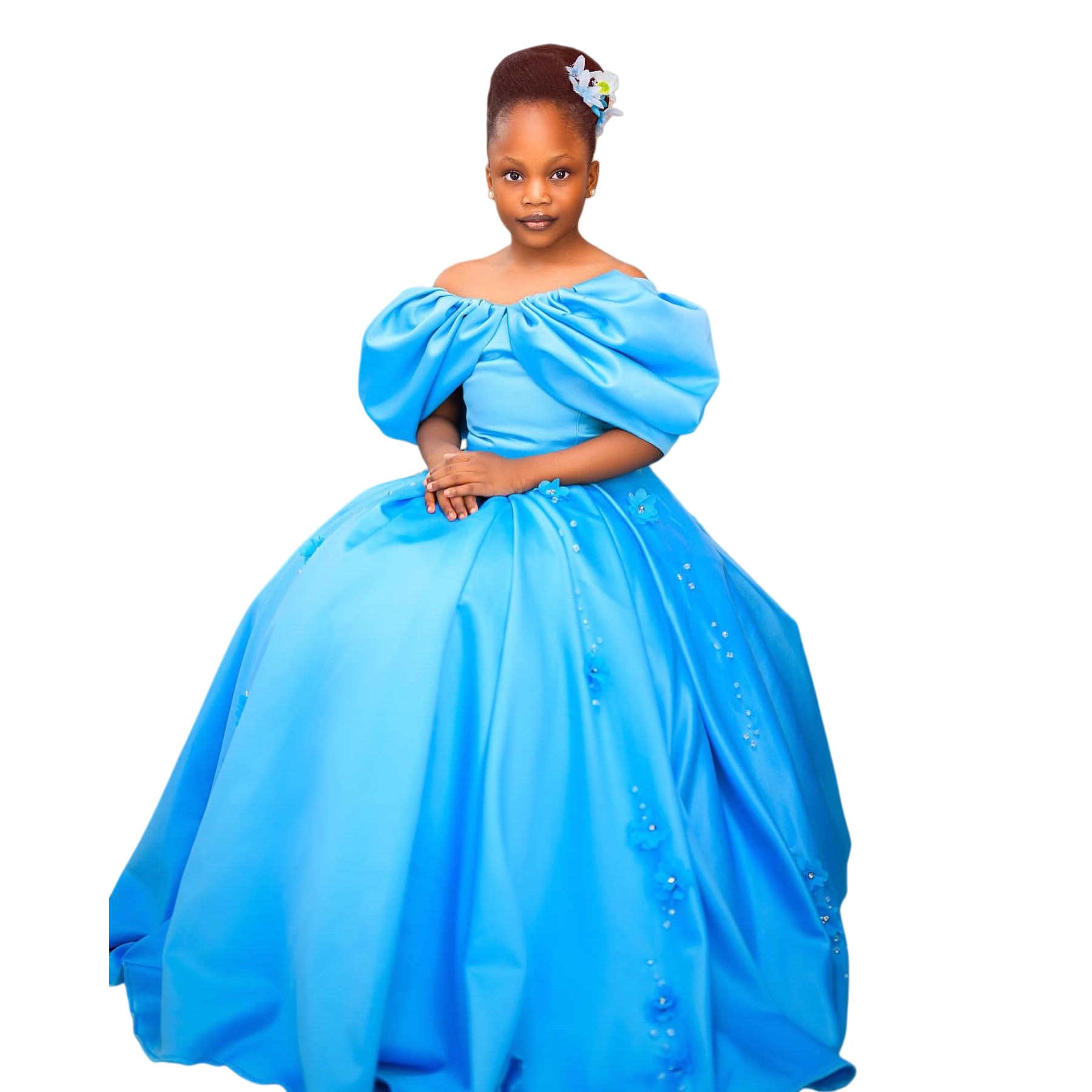 2026 Sky Blue Ball Gown Flower Girl Dresses Off Shoulder Flowers Pearls Satin Little Girl Christmas Peageant Birthday Christening Tutu Dress Gowns ZJ4