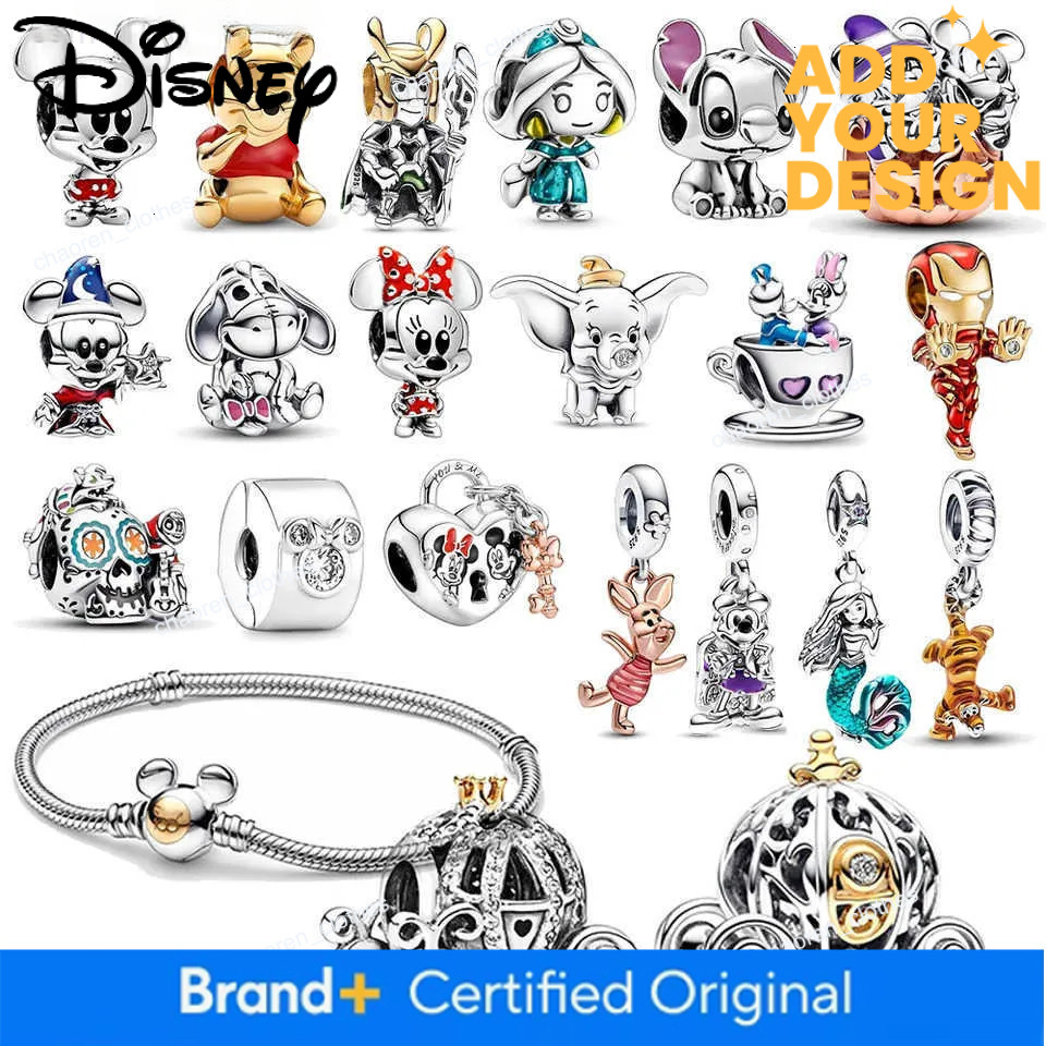 Disney 100th Anniversary Stitch Princess Pumpkin Cart Mickey Minnie Figure Model Dumbo Charm Beads Fit Bracelets Anime Jewelry Accessory W20250716