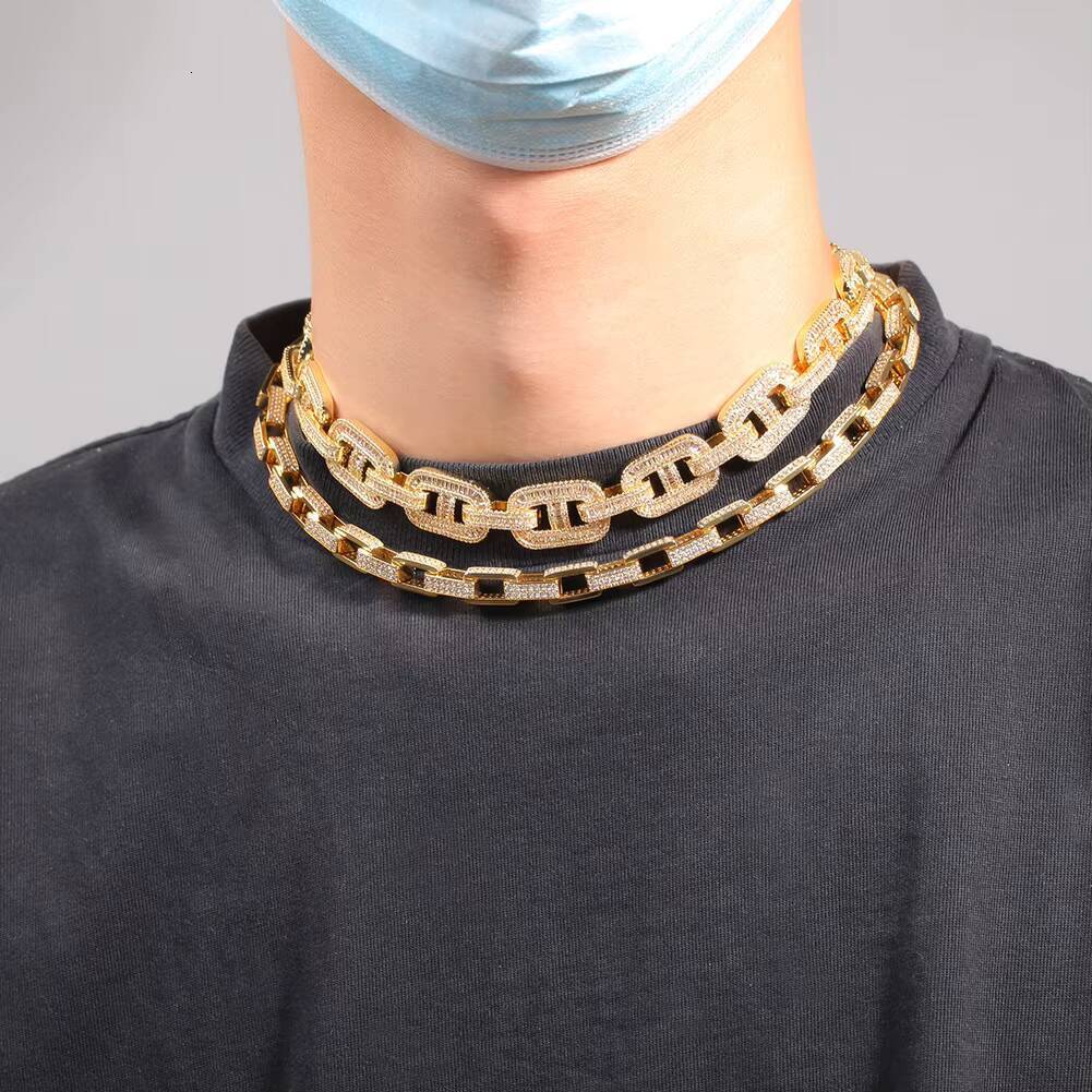 High Quality Custom Gold Plated Hip Hop Necklace 15mm Pig Nose Cuban Link Chain with Zircon for Men and Women