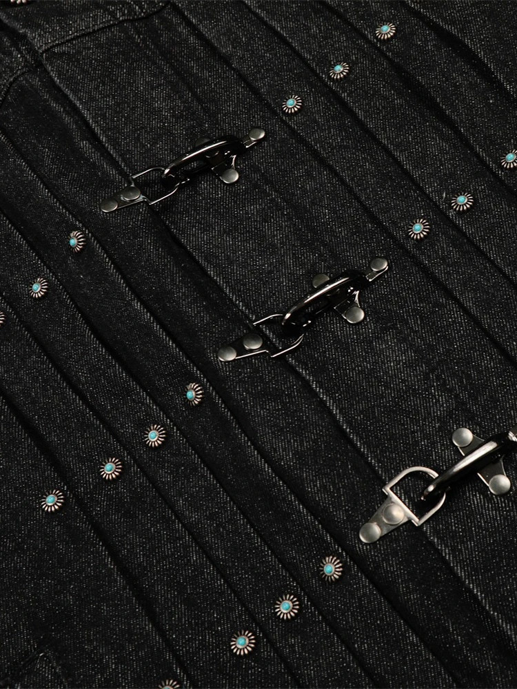 Mens Jacket Punk Vintage Streetwear Black Denim Short Coat Metal Buckle Studded Pleated Detail Retro Cool Hip Hop Fashion 251126