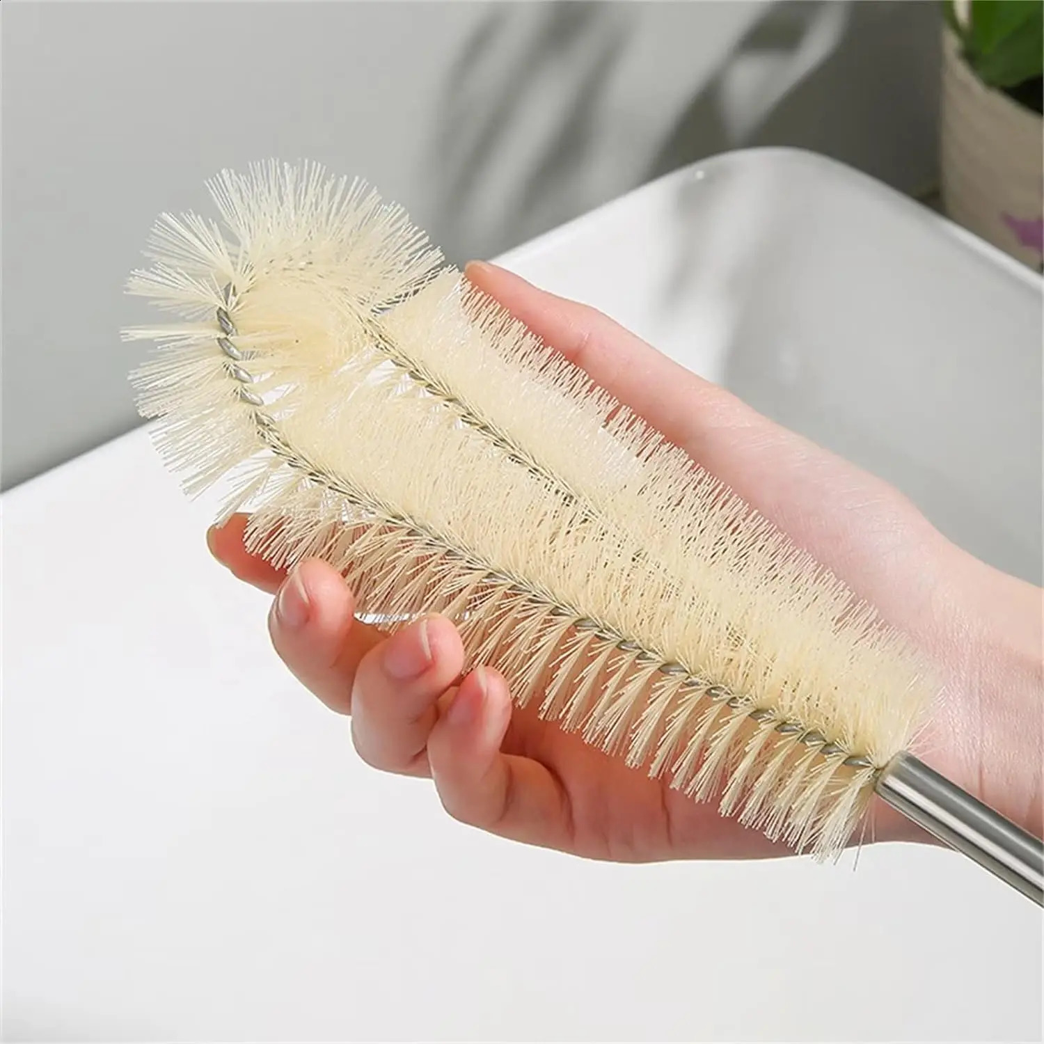 Bottle cleaning brush with long wooden handle water bottle natural bristle kitchen scrub 250425